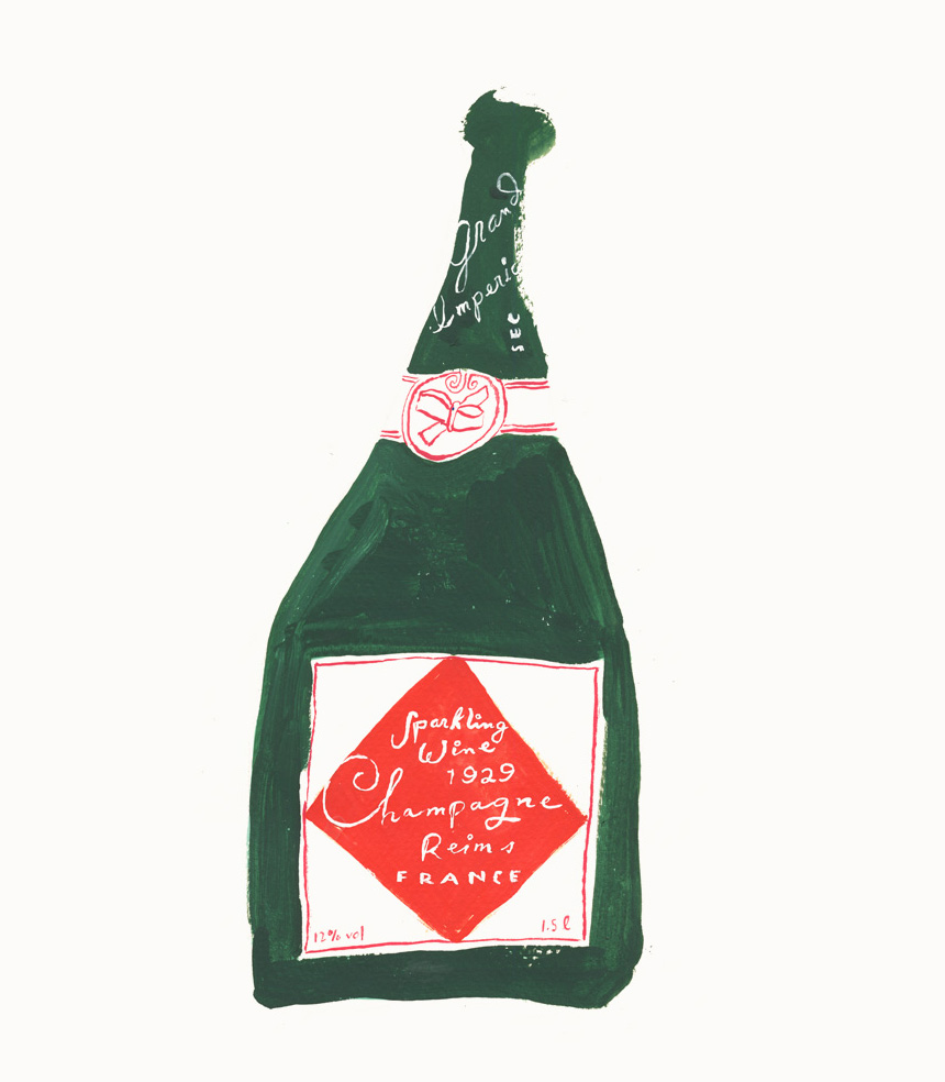 A simple green and red painting of a champagne bottle