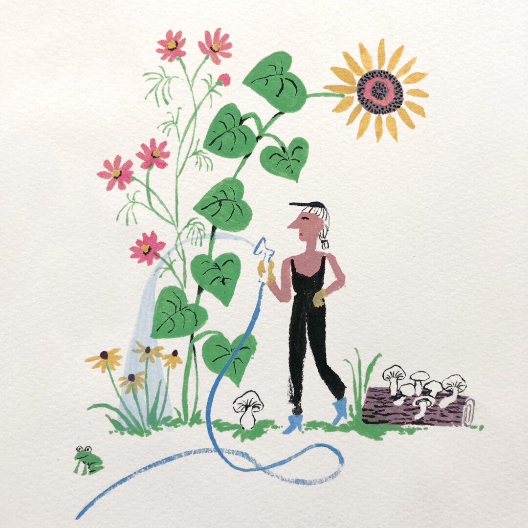 Painting of Danielle in the garden with giant flowers towering overhead