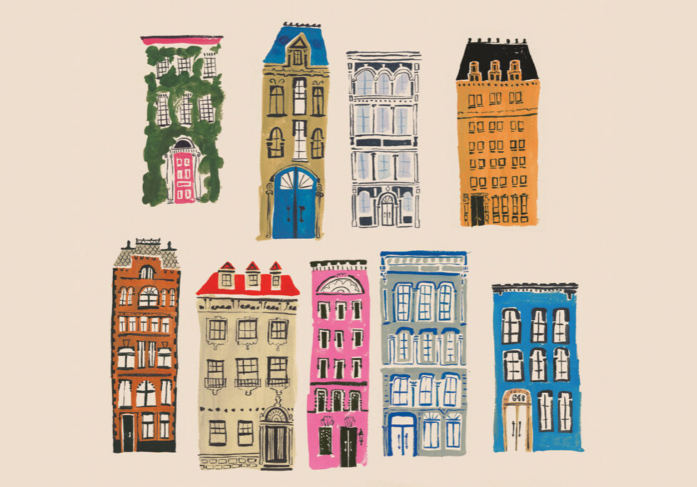 Hand-painted vibrant city apartment fronts